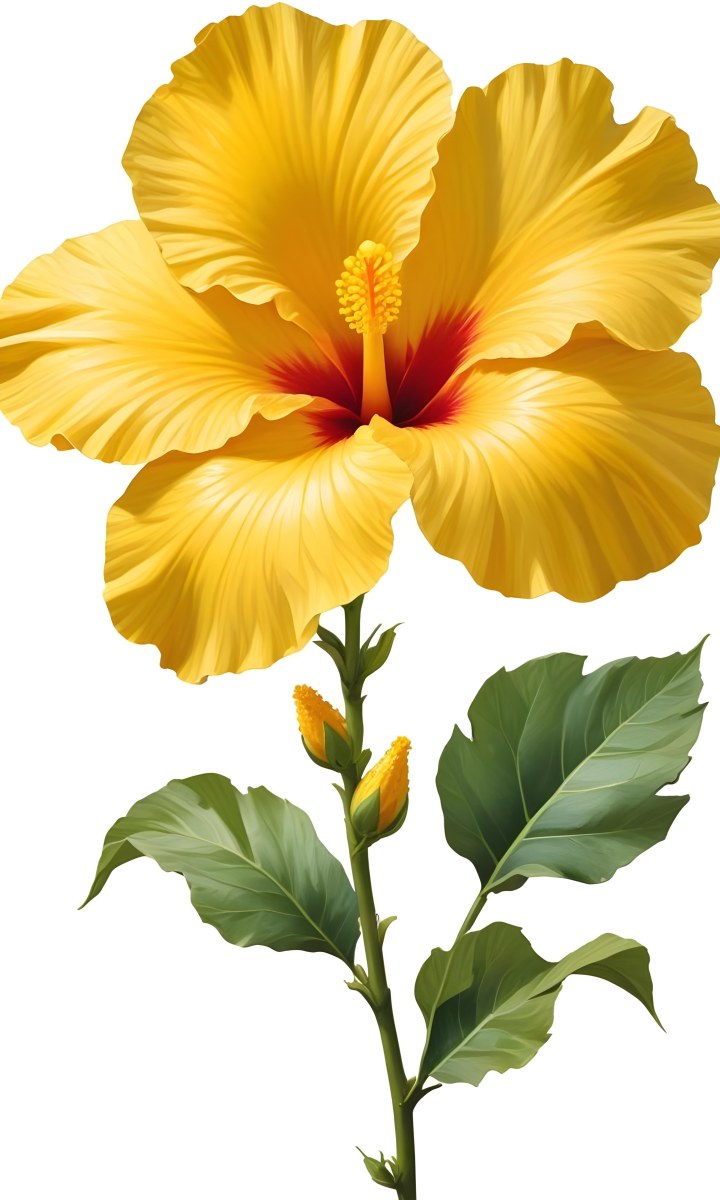A Yellow Hibiscus Flower With Yellow Leaves And A Long Stem The Background Is Yellow The Flower Is In Full Bloom Detailed Petals 7 803b