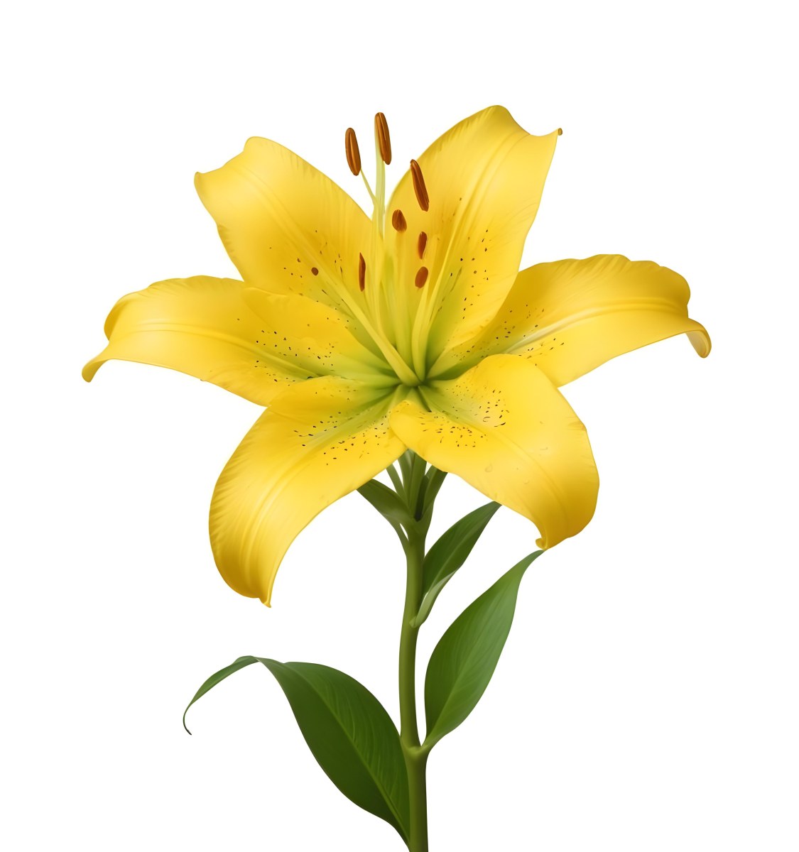 A Yellow Lily Flower With Six Petals White Spots Yellow Stem And Leaves Isolated On A Yellow Background 5 B1b8