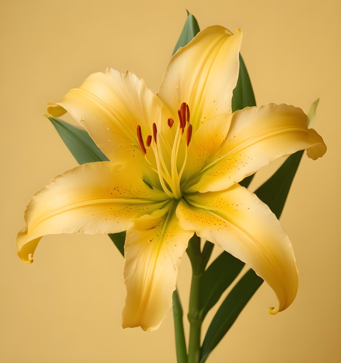 A Yellow Lily Flower With Six Petals White Spots Yellow Stem And Leaves Isolated On A Yellow Background 6 5288