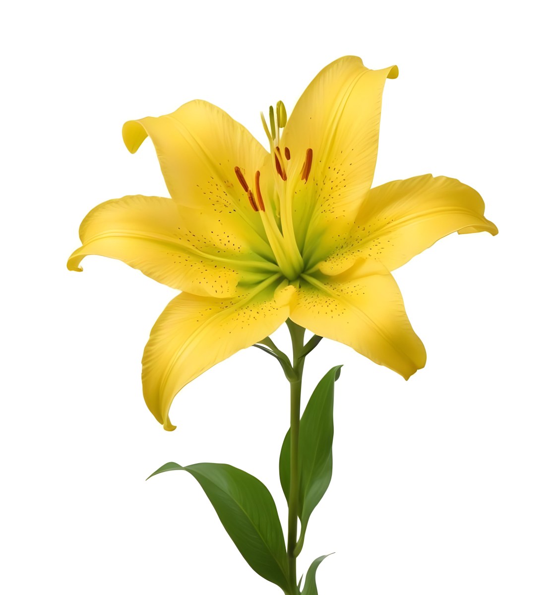 A Yellow Lily Flower With Six Petals White Spots Yellow Stem And Leaves Isolated On A Yellow Background 8 E551