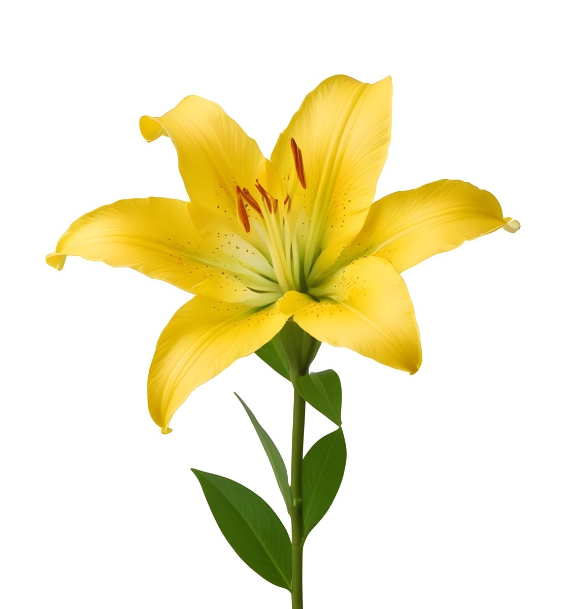 A Yellow Lily Flower With Six Petals White Spots Yellow Stem And Leaves Isolated On A Yellow Background 9 969b