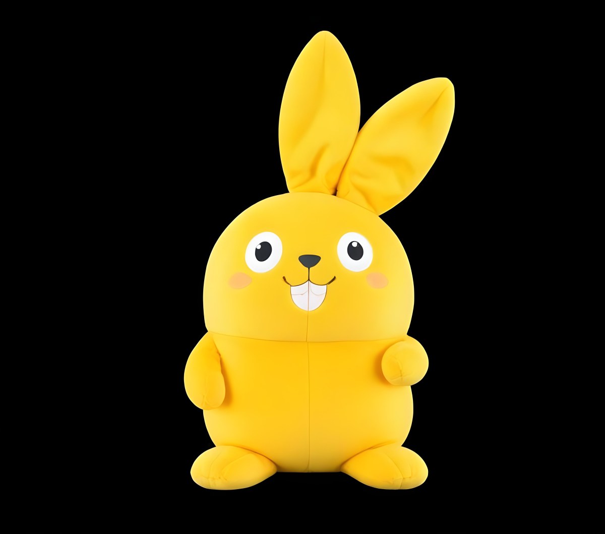 A Yellow Plush Toy Rabbit With Large Ears And A Smiling Expression Against A Black Background 7 077a