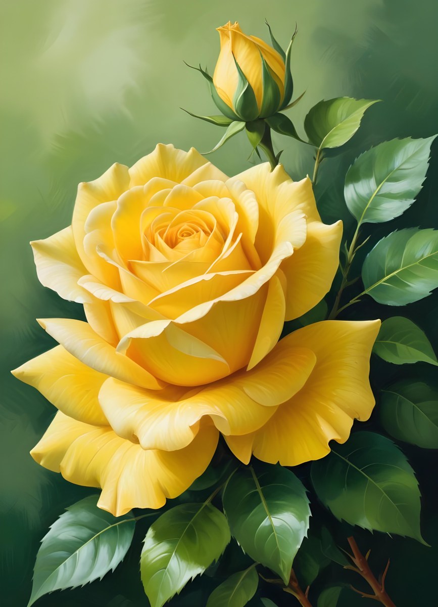 A Yellow Rose In Bloom With Green Leaves Against A Blurred Green Background 7 2f2c