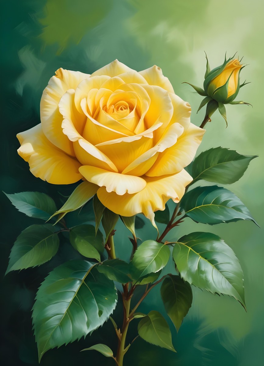 A Yellow Rose In Bloom With Green Leaves Against A Blurred Green Background 8 D27c