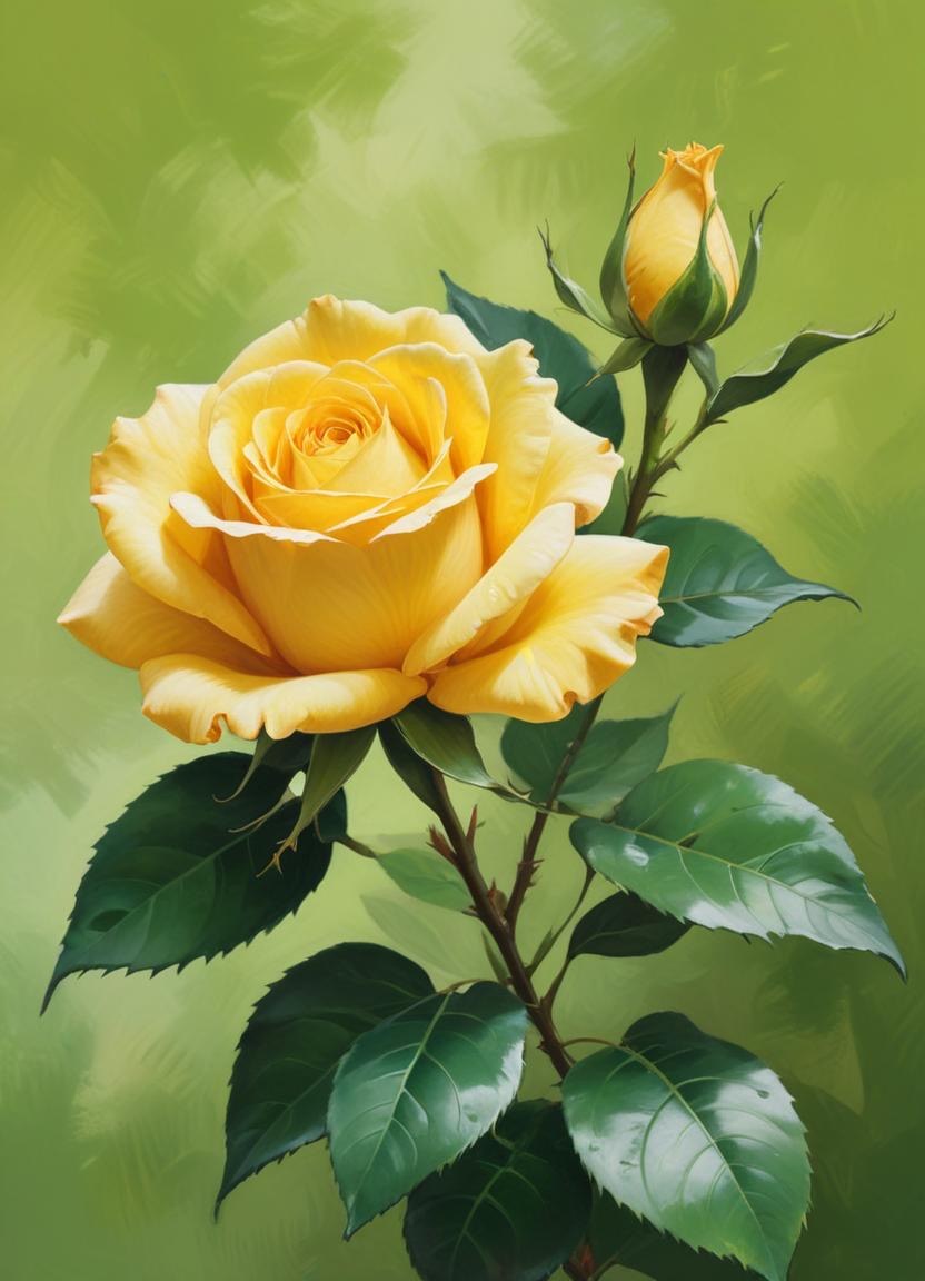 A Yellow Rose In Bloom With Green Leaves Against A Blurred Green Background 9 473a