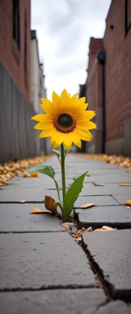 A Yellow Sunflower Growing Through Cracks In A Concrete Sidewalk With Fallen Leaves And Debris Around It The Sunflower Stands Out Against The Gray Concrete Background Symbolizing Resilience And The Ability To T 6 101f
