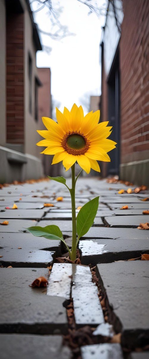 A Yellow Sunflower Growing Through Cracks In A Concrete Sidewalk With Fallen Leaves And Debris Around It The Sunflower Stands Out Against The Gray Concrete Background Symbolizing Resilience And The Ability To T 8 678f