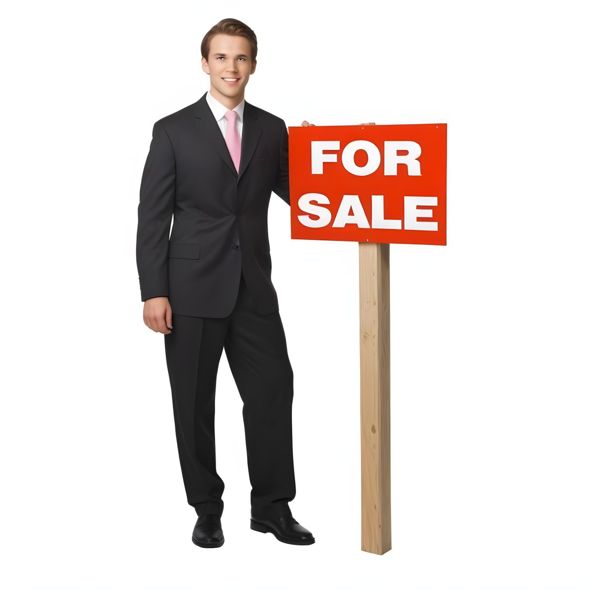 A Young Caucasian Man In A Dark Suit And Light Pink Tie Standing Next To A Large Red For Sale Sign On A Wooden Post The Background Is Plain White 13 2685