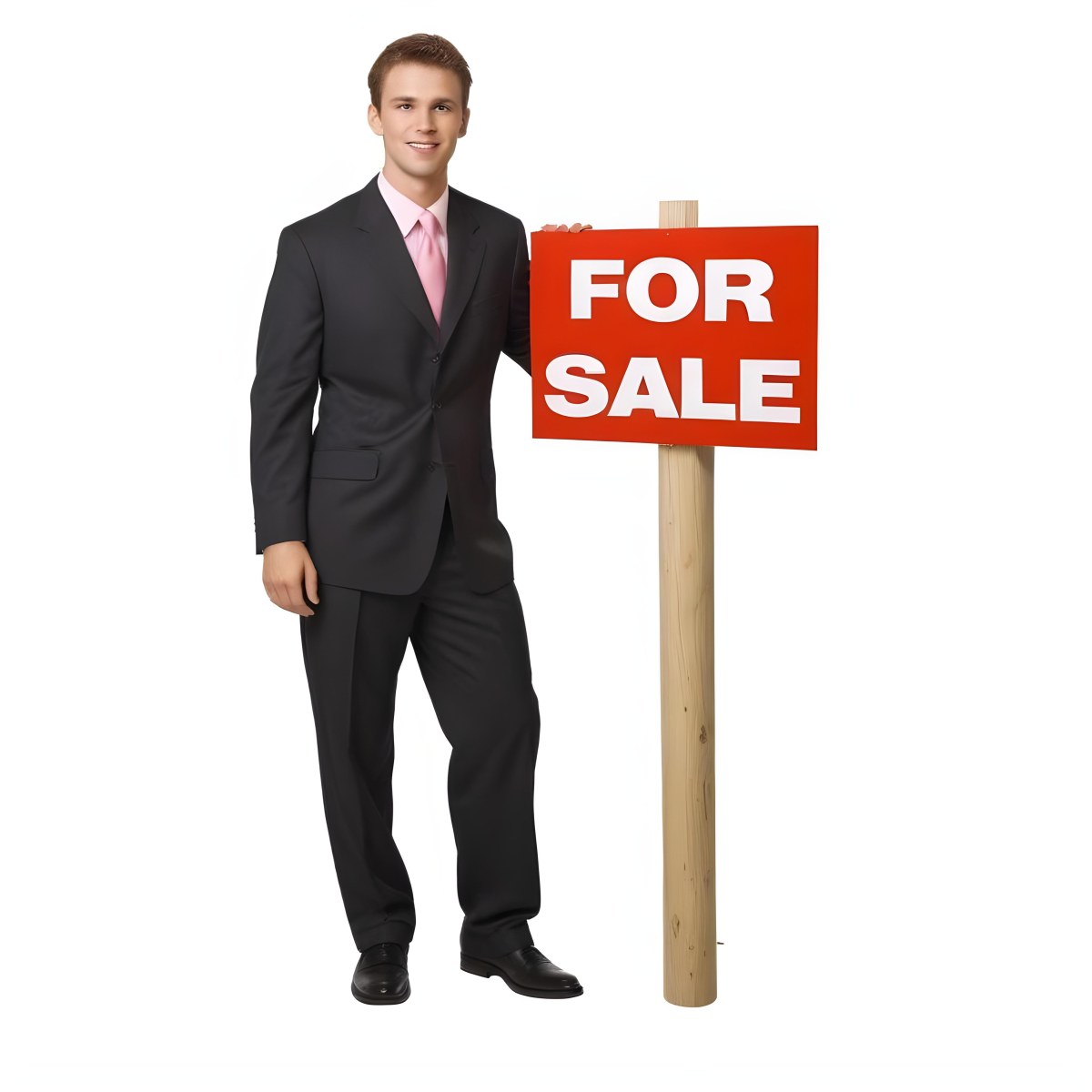 A Young Caucasian Man In A Dark Suit And Light Pink Tie Standing Next To A Large Red For Sale Sign On A Wooden Post The Background Is Plain White 14 7b91