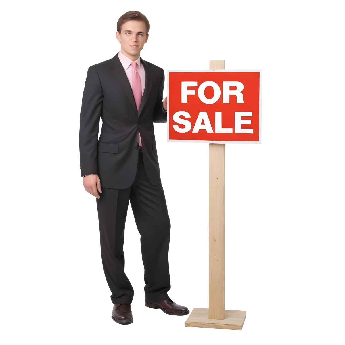 A Young Caucasian Man In A Dark Suit And Light Pink Tie Standing Next To A Large Red For Sale Sign On A Wooden Post The Background Is Plain White 15 Fc4e