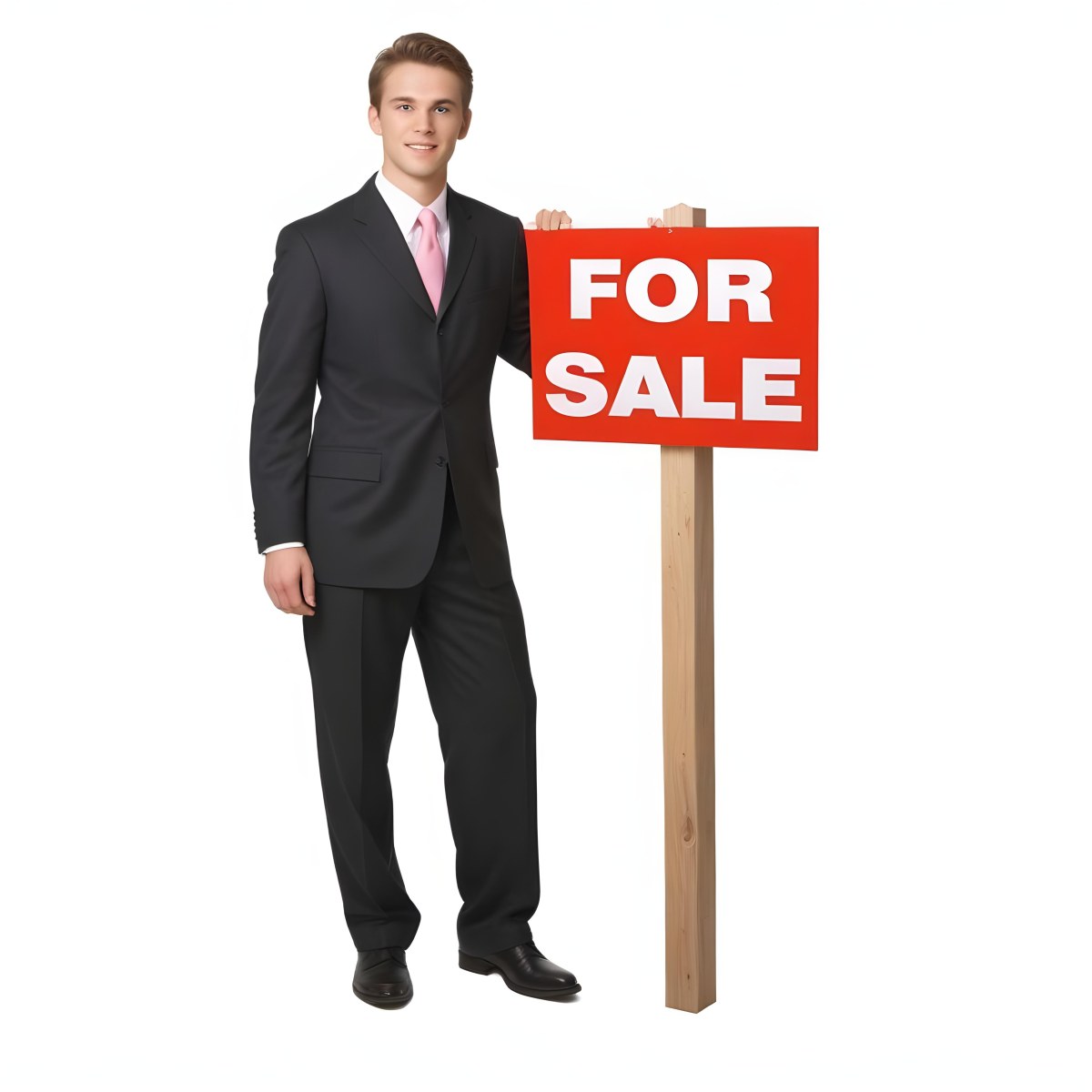 A Young Caucasian Man In A Dark Suit And Light Pink Tie Standing Next To A Large Red For Sale Sign On A Wooden Post The Background Is Plain White 19 4bb9
