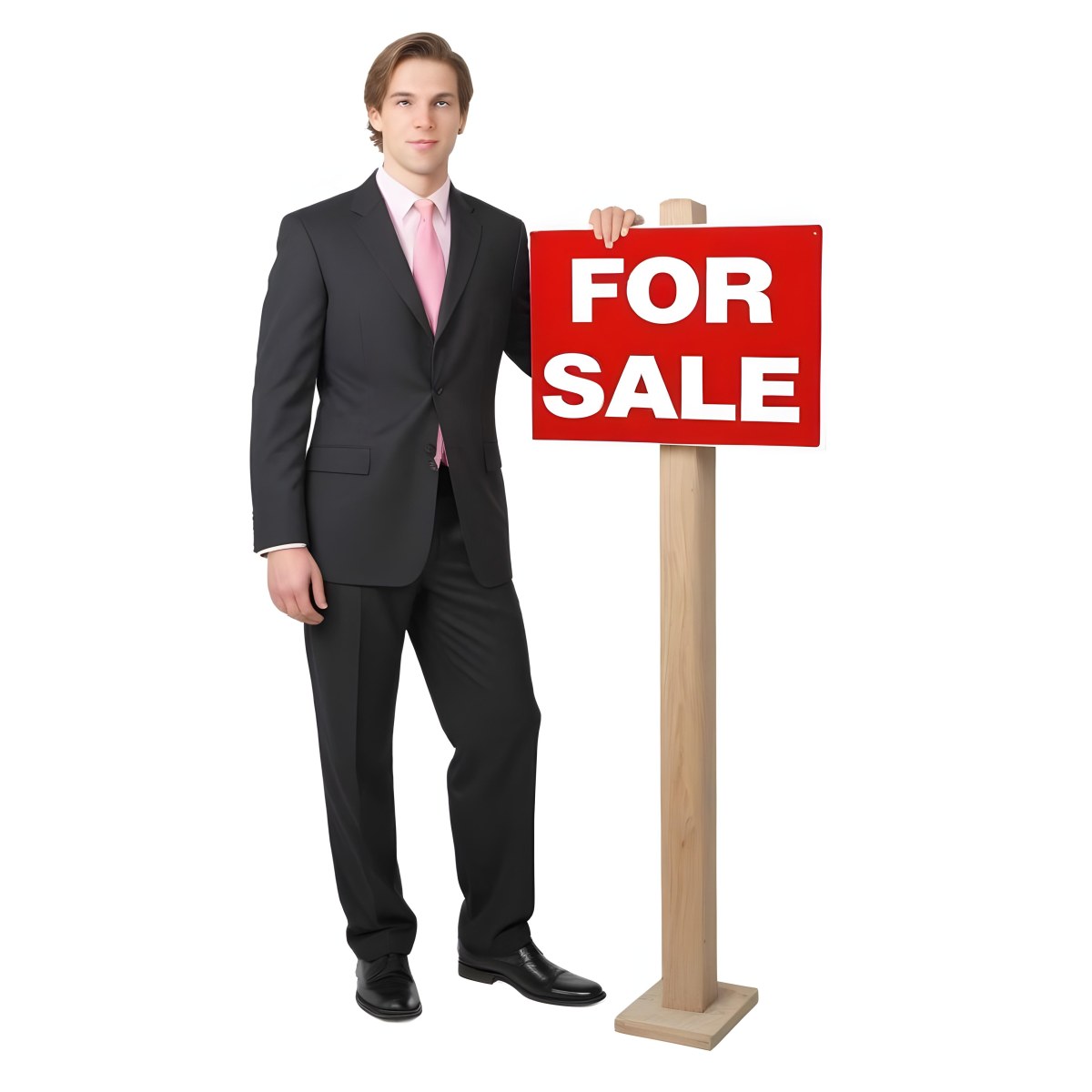 A Young Caucasian Man In A Dark Suit And Light Pink Tie Standing Next To A Large Red For Sale Sign On A Wooden Post The Background Is Plain White 3 95ee