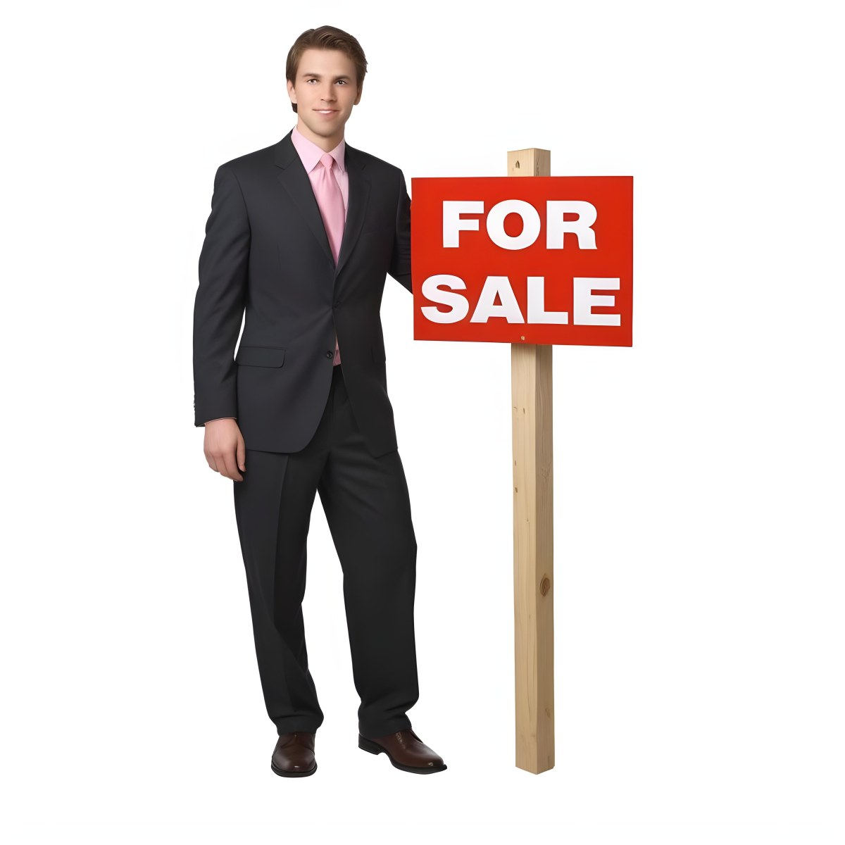 A Young Caucasian Man In A Dark Suit And Light Pink Tie Standing Next To A Large Red For Sale Sign On A Wooden Post The Background Is Plain White 4 Bf51