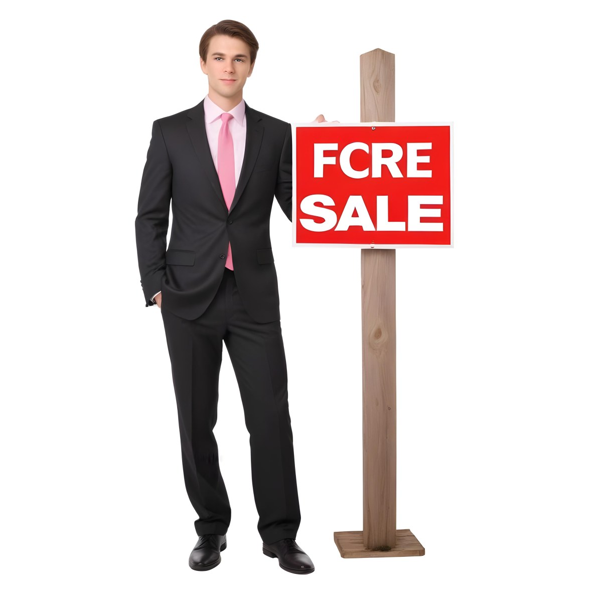 A Young Caucasian Man In A Dark Suit And Light Pink Tie Standing Next To A Large Red For Sale Sign On A Wooden Post The Background Is Plain White 6 784d
