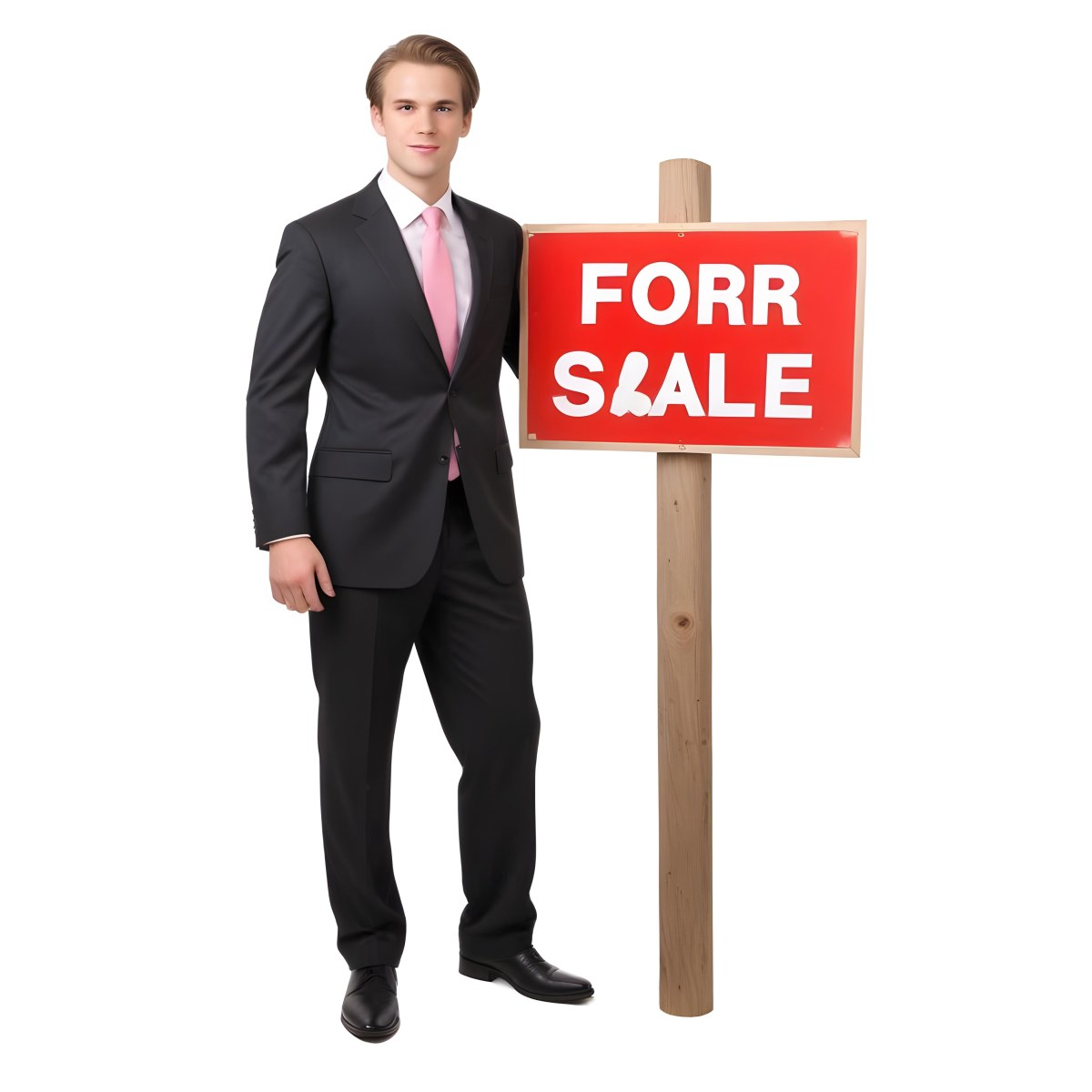 A Young Caucasian Man In A Dark Suit And Light Pink Tie Standing Next To A Large Red For Sale Sign On A Wooden Post The Background Is Plain White 7 20d7