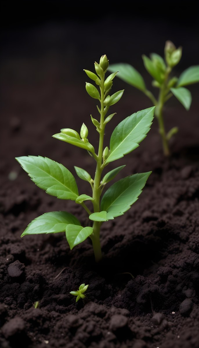A Young Green Plant Growing Out Of The Soil With Lush Leaves And Small Buds The Background Is Dark Highlighting The Vibrant Green Of The Plant 3 0f15