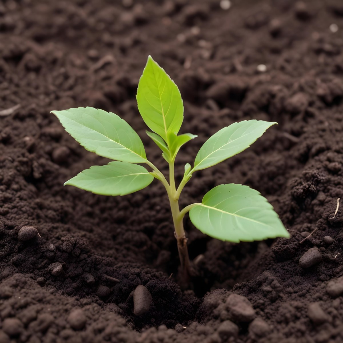 A Young Green Plant Sprouting From Soil With Several Fresh Leaves 7 345b