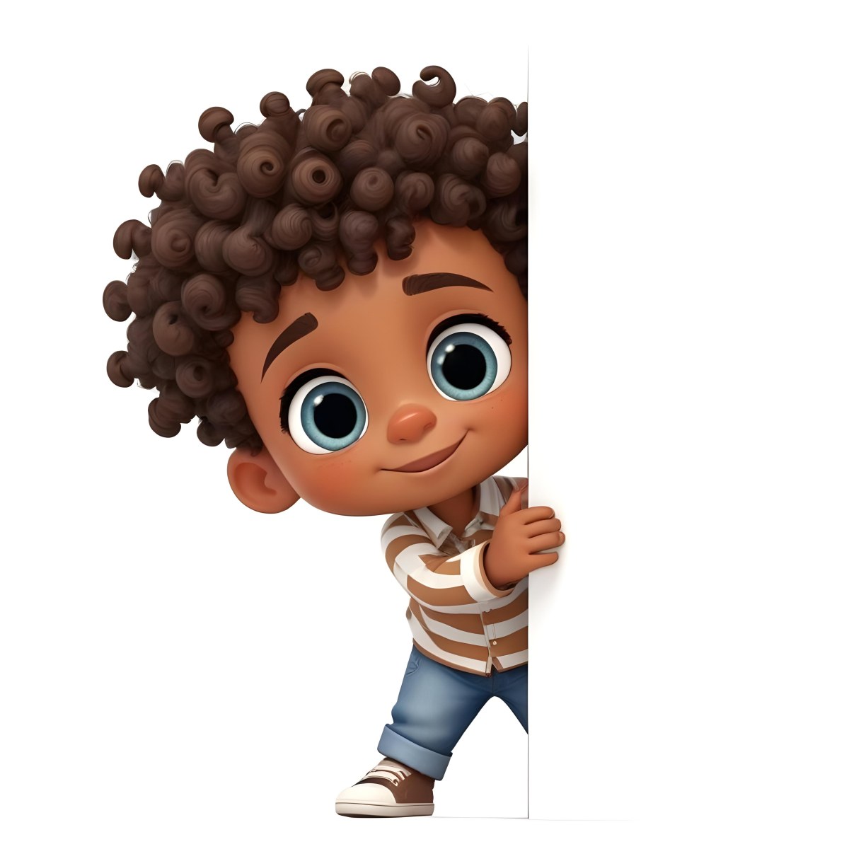 Adorable Cartoon Style A Black Boy Age 7 With Curly Brown Hair Wearing A Striped Shirt And Jeans Peeking From Behind A White Wall Isolated On White Background 3d Render Cartoon 30 2d1f