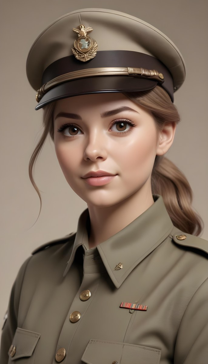 Adorable Cartoon Style A White Woman 23 Years Old With Light Brown Hair In A Ponytail Wearing A Military Uniform And A Cap In A Studio With A Neutral Background 3d Render Cartoon 41 85ce