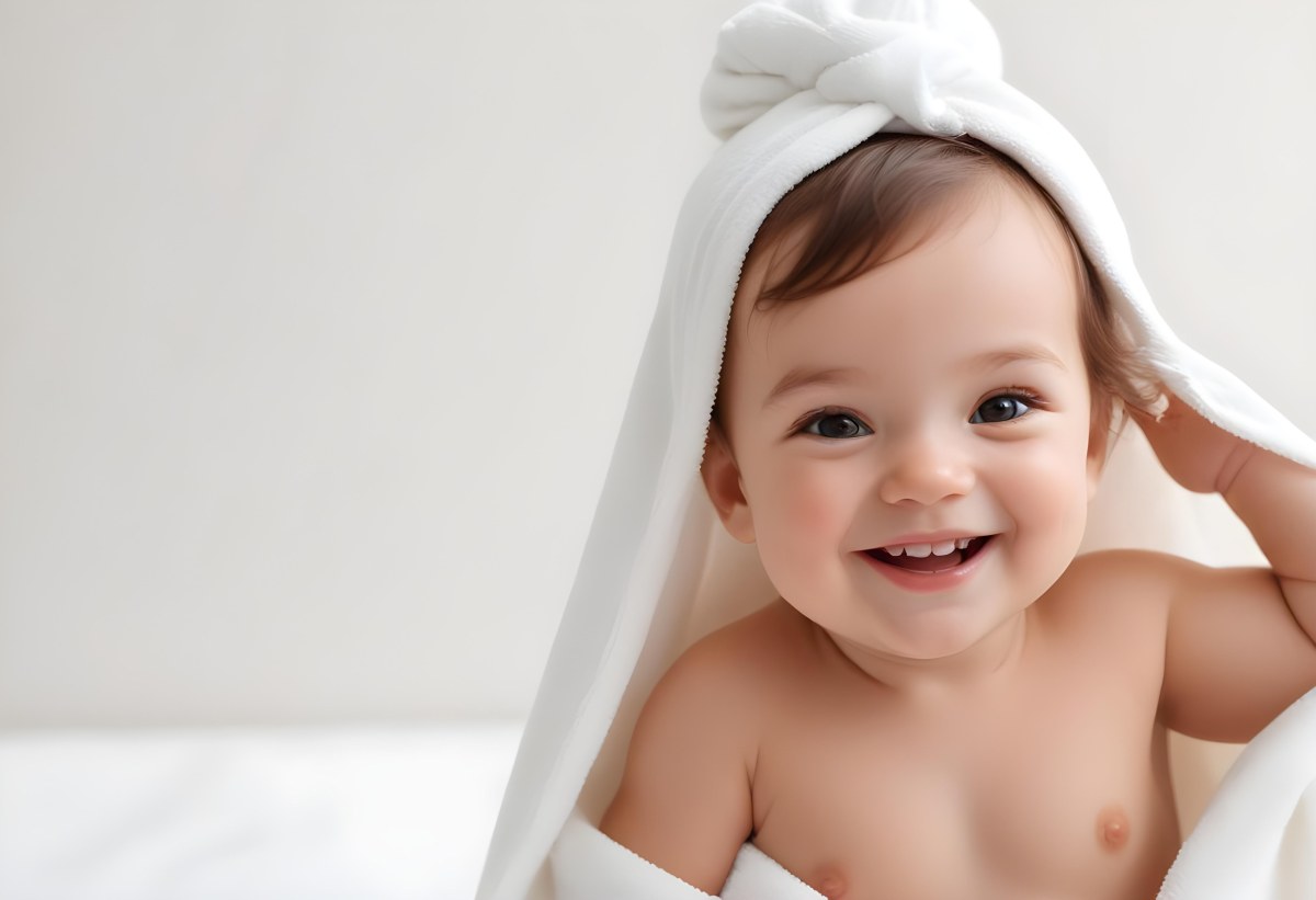 Adorable Cartoon Style Baby With Light Skin And Brown Hair Smiling Widely While Wrapped In A White Towel The Background Is Plain And Light Colored 3d Render Cartoon 51 11da