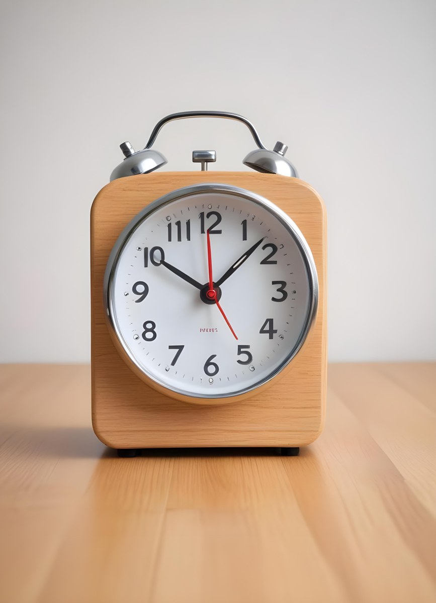 An Alarm Clock On A Wooden Surface With A White Background 34 Cabf