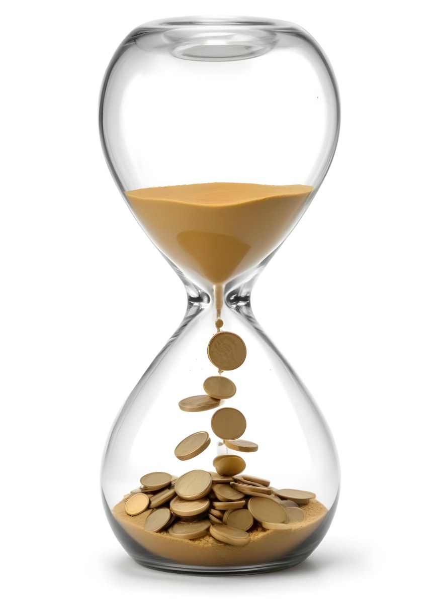An Hourglass With Sand On The Top And Coins Falling Down To The Bottom White Background 5 0854