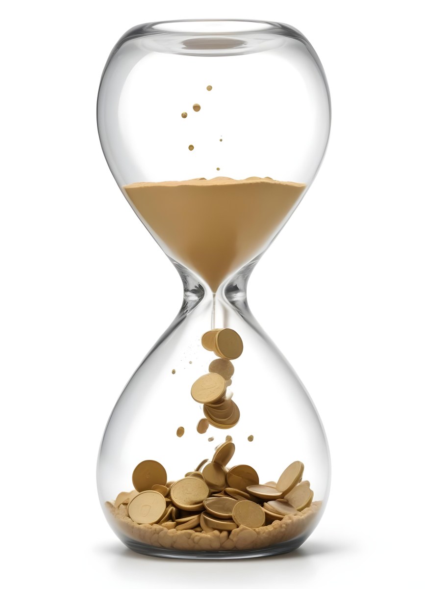 An Hourglass With Sand On The Top And Coins Falling Down To The Bottom White Background 6 1f48