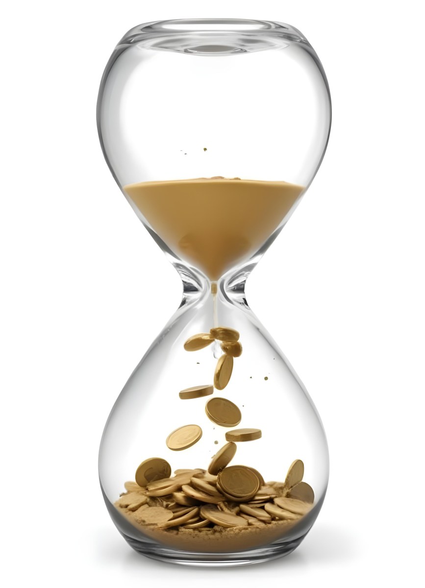 An Hourglass With Sand On The Top And Coins Falling Down To The Bottom White Background 7 8c05