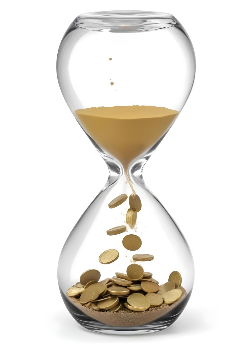 An Hourglass With Sand On The Top And Coins Falling Down To The Bottom White Background 8 E0ff