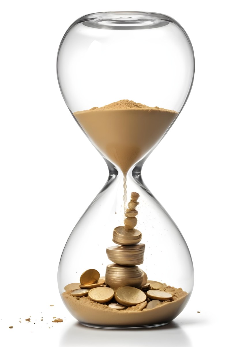 An Hourglass With Sand On The Top And Coins Falling Down To The Bottom White Background 9 6e09