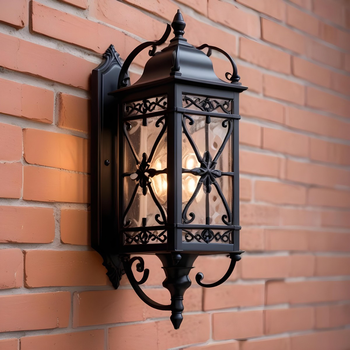 An Ornate Black Metal Outdoor Wall Sconce With A Glass Pane Design Mounted On A Brick Wall 6 44f6