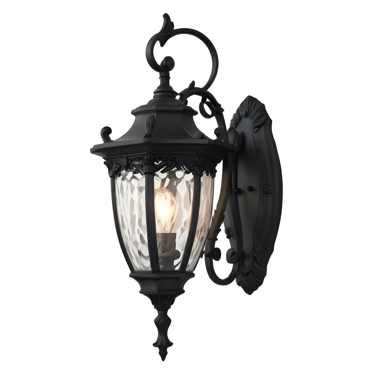 An Ornate Black Metal Outdoor Wall Sconce With A Glass Pane Design Mounted On A Brick Wall 7 B540