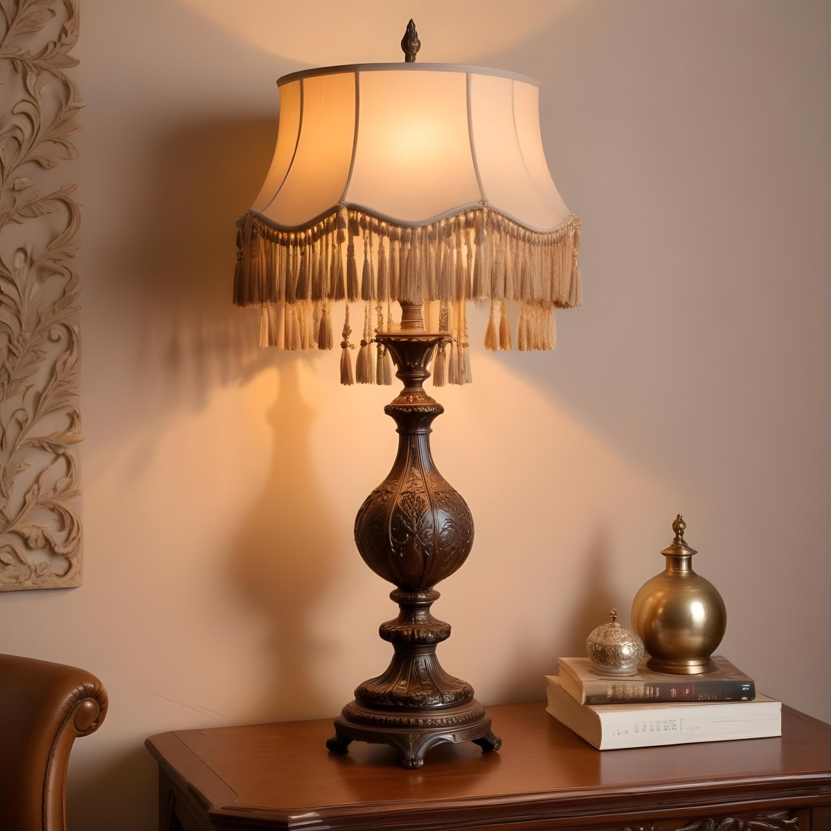An Ornate Vintage Table Lamp With A Brown Base And A Beige Lampshade With Tassels 5 1938
