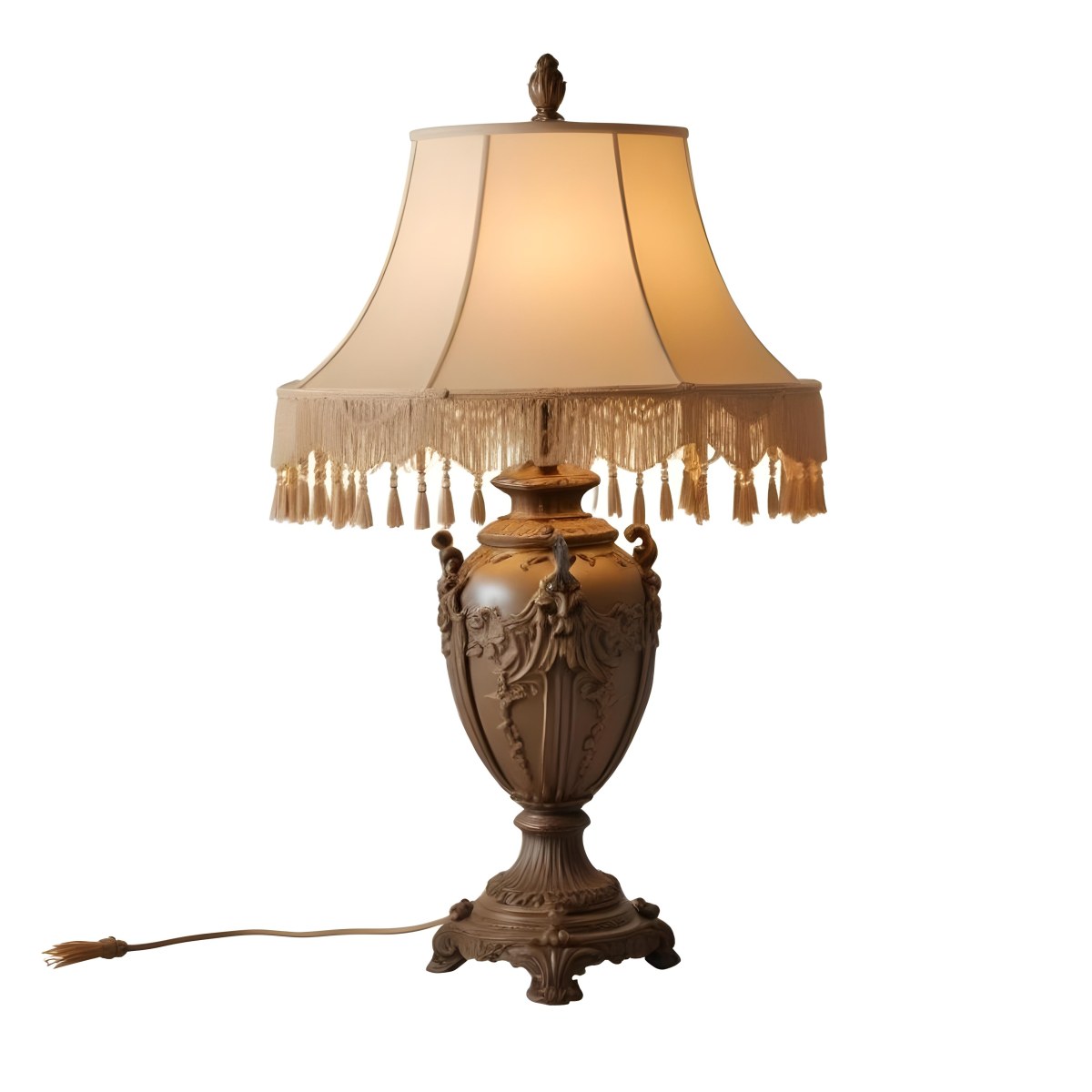 An Ornate Vintage Table Lamp With A Brown Base And A Beige Lampshade With Tassels 7 E6ab
