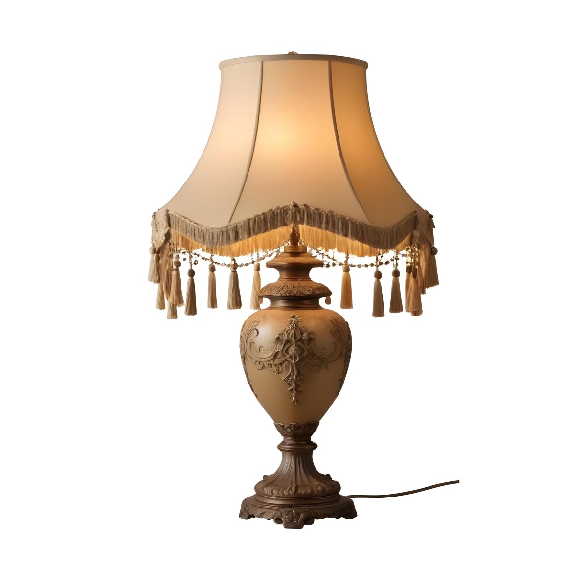 An Ornate Vintage Table Lamp With A Brown Base And A Beige Lampshade With Tassels 8 0af8