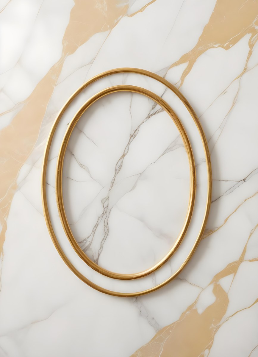An Oval Golden Frame On A White And Gold Marble Background 19 E91c