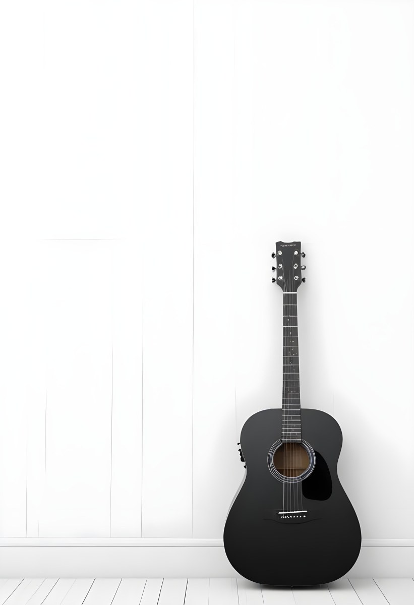 Black Acoustic Guitar With Black Strings And White Headstock Against A White Wooden Wall Minimalist Style Bright Lighting Clean Composition 18 38fd