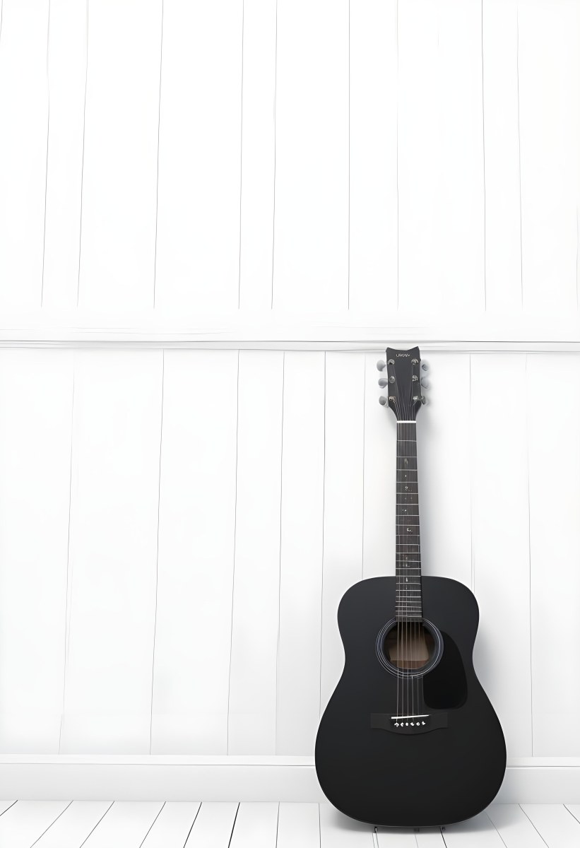 Black Acoustic Guitar With Black Strings And White Headstock Against A White Wooden Wall Minimalist Style Bright Lighting Clean Composition 3 F816