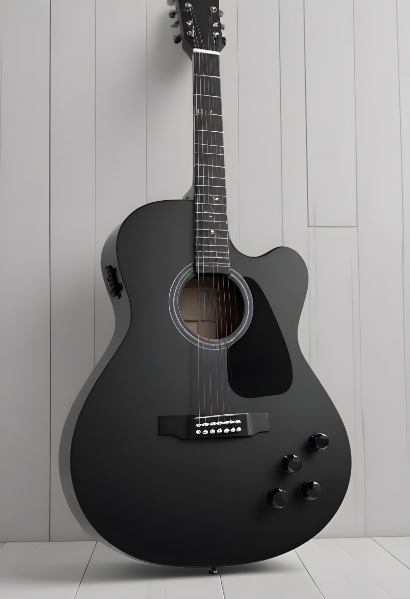 Black Acoustic Guitar With Black Strings And White Headstock Against A White Wooden Wall Minimalist Style Bright Lighting Clean Composition 7 E3e8