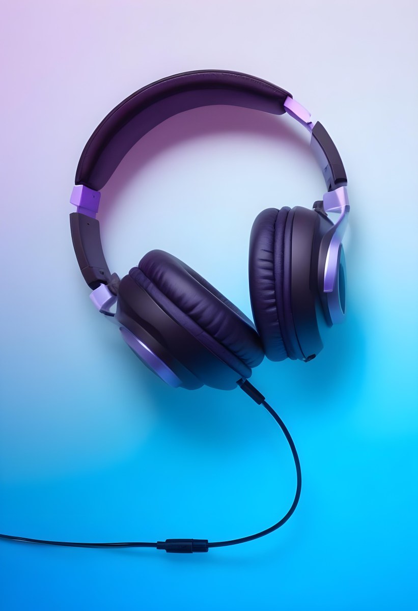 Black Headphones With Black Accents And A Blue Cable Against A Gradient Background Of Light Blue And Purple 1 8ac5
