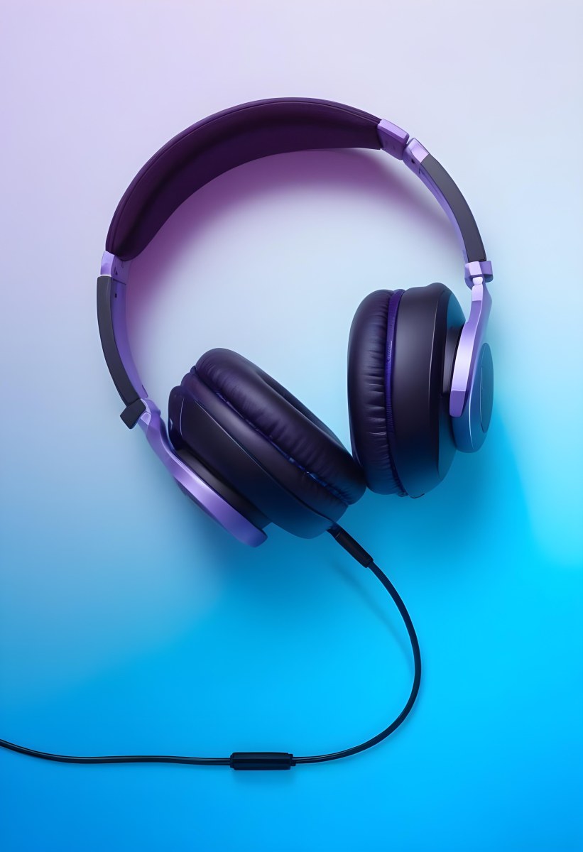 Black Headphones With Black Accents And A Blue Cable Against A Gradient Background Of Light Blue And Purple 2 5825