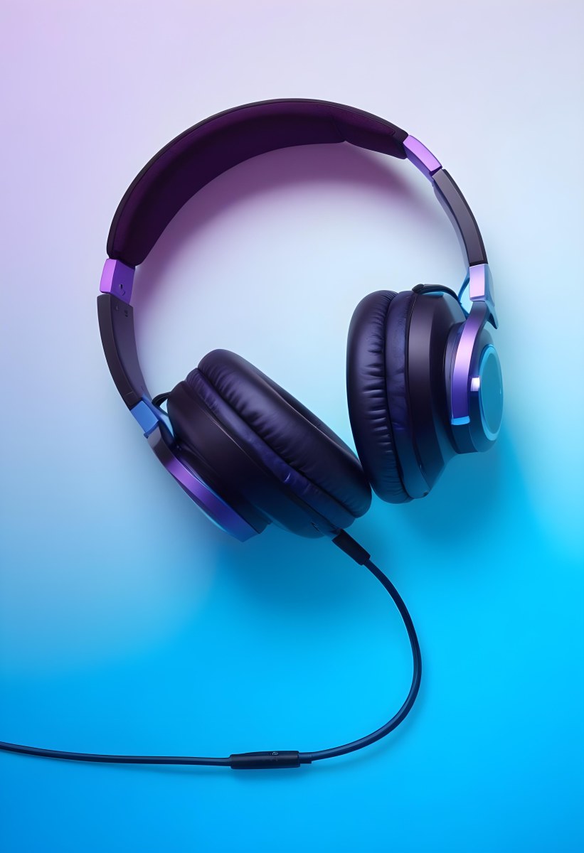 Black Headphones With Black Accents And A Blue Cable Against A Gradient Background Of Light Blue And Purple 3 7e30