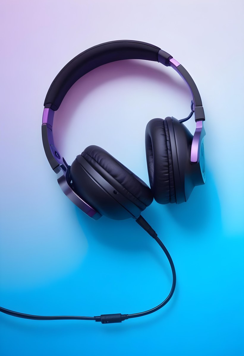 Black Headphones With Black Accents And A Blue Cable Against A Gradient Background Of Light Blue And Purple 4 A5e0