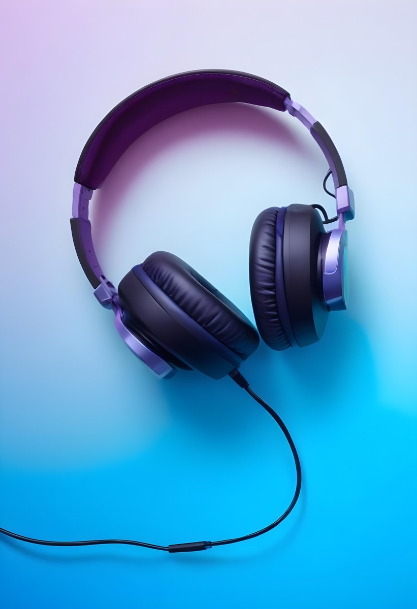 Black Headphones With Black Accents And A Blue Cable Against A Gradient Background Of Light Blue And Purple 5 0841
