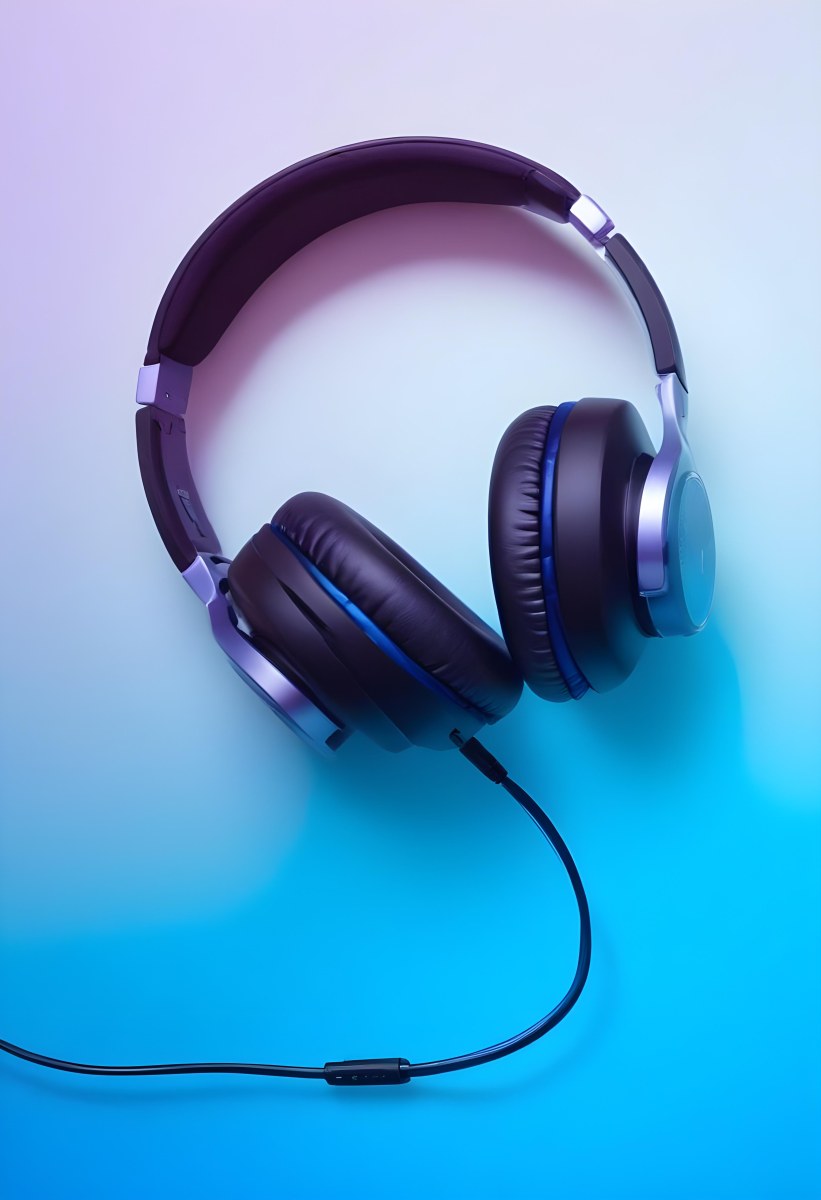 Black Headphones With Black Accents And A Blue Cable Against A Gradient Background Of Light Blue And Purple 6 7090