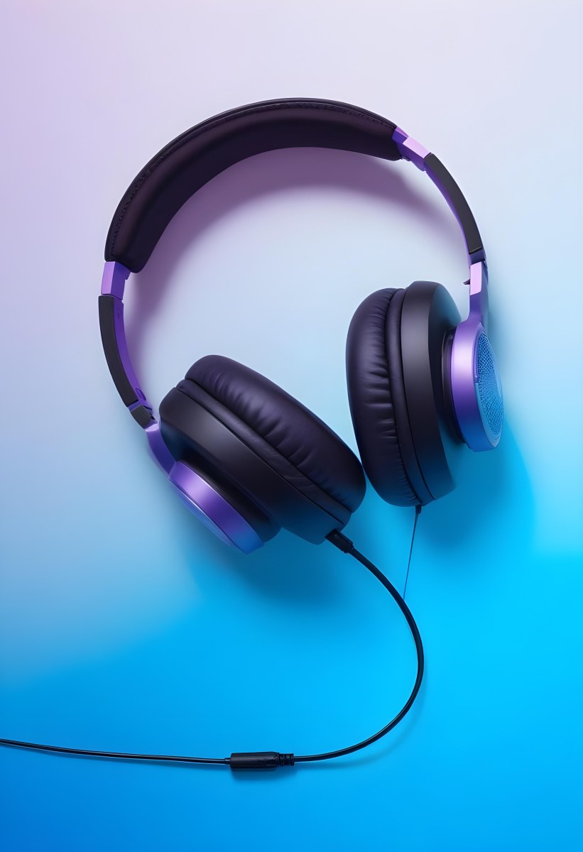 Black Headphones With Black Accents And A Blue Cable Against A Gradient Background Of Light Blue And Purple 7 Fcf7