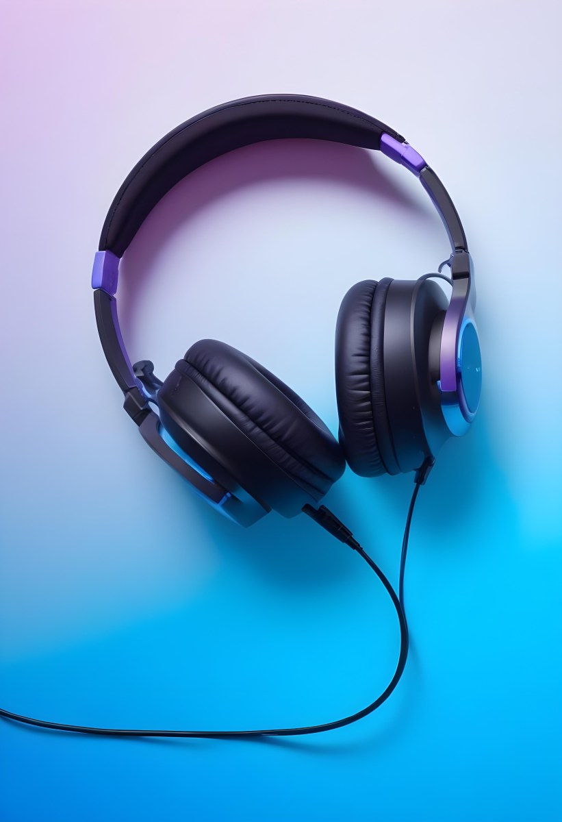 Black Headphones With Black Accents And A Blue Cable Against A Gradient Background Of Light Blue And Purple 8 Cedd