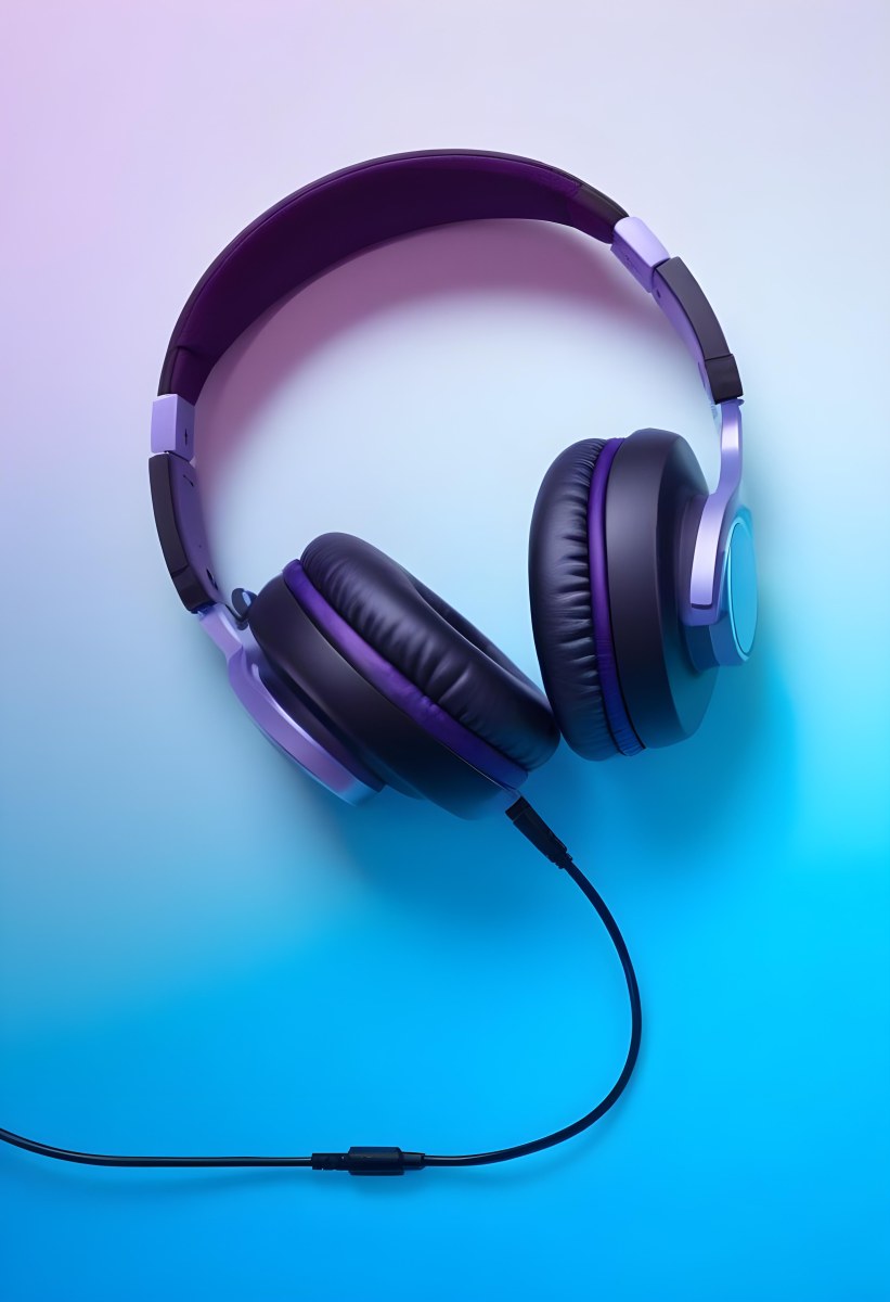 Black Headphones With Black Accents And A Blue Cable Against A Gradient Background Of Light Blue And Purple 9 02e9