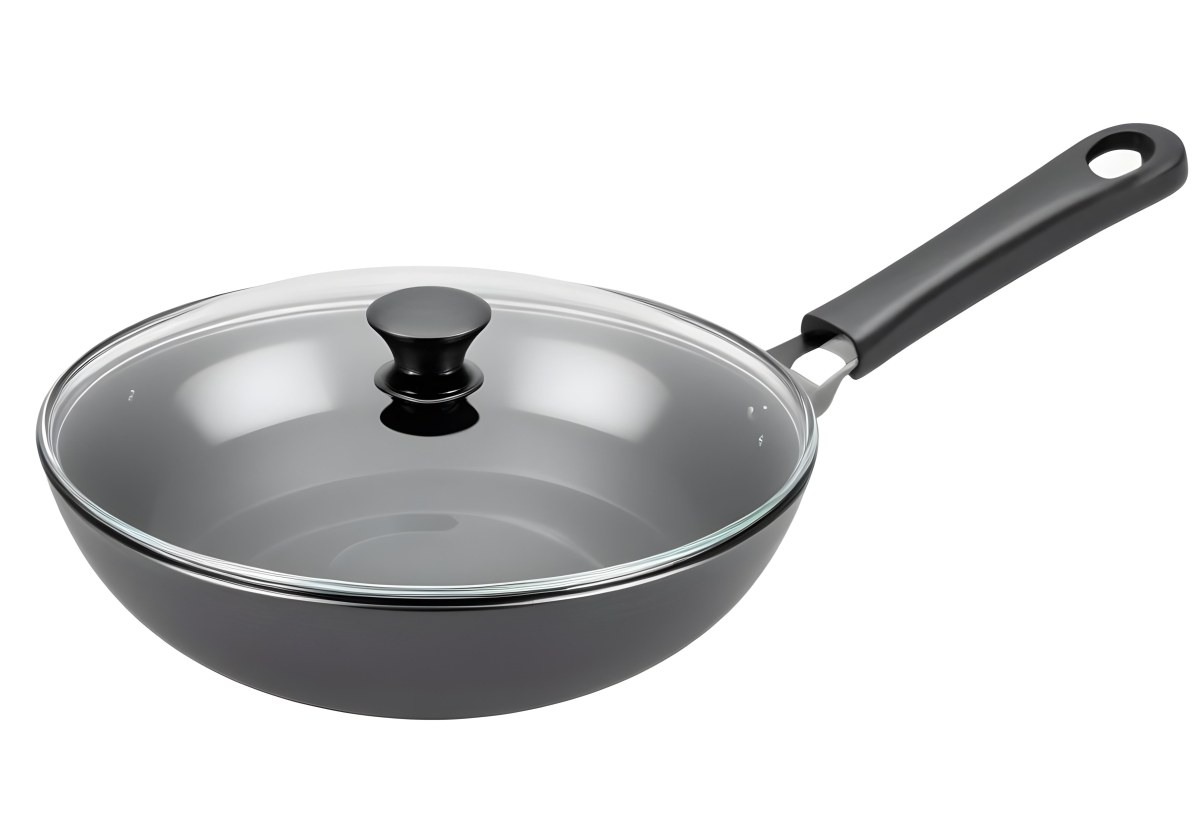 Black Wok With A Glass Lid And A Black Handle Isolated On A Gray Background 12 09f7