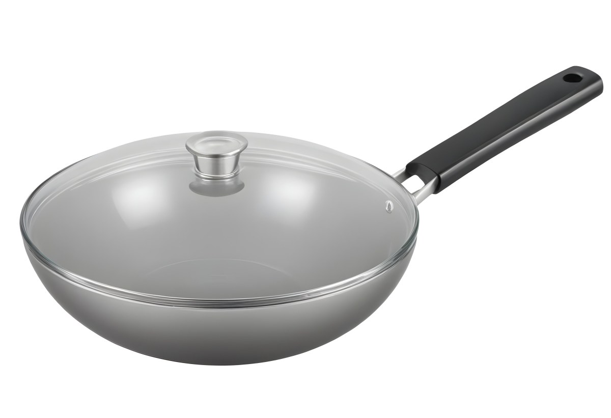 Black Wok With A Glass Lid And A Black Handle Isolated On A Gray Background 20 Cd71